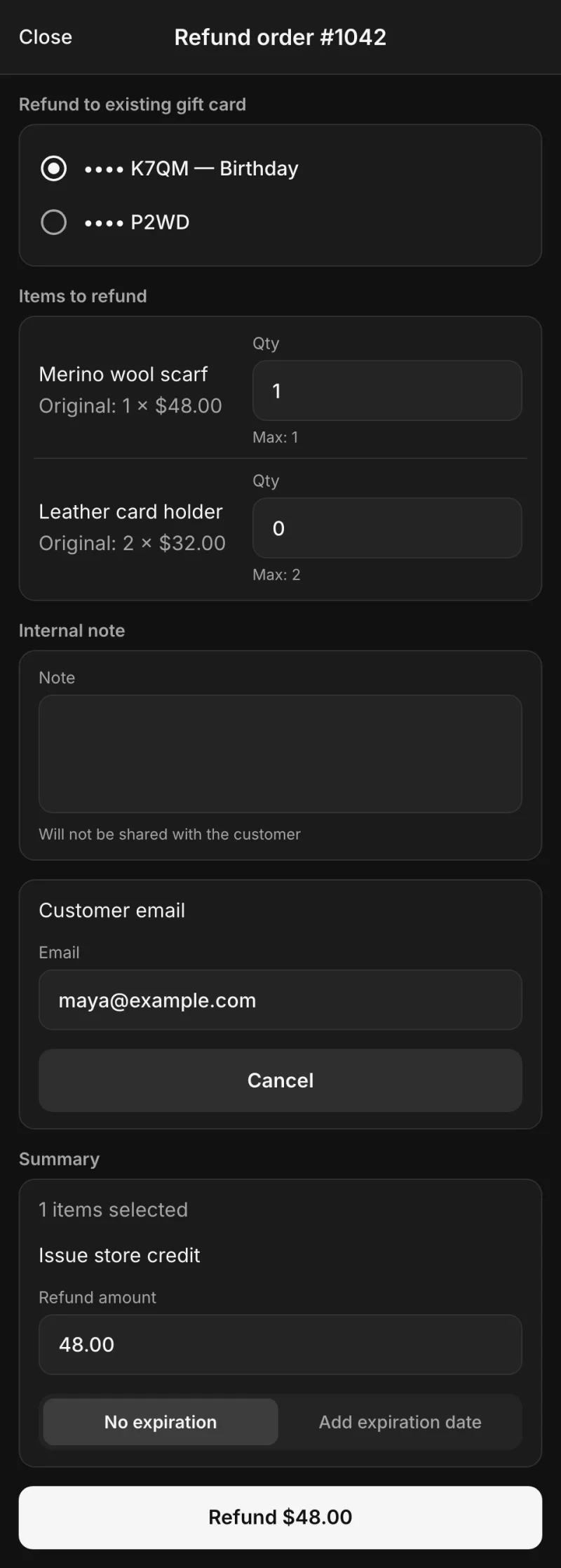 Refund order screen in Shopify POS: refund of $48.00 to the customer's existing gift card ending K7QM