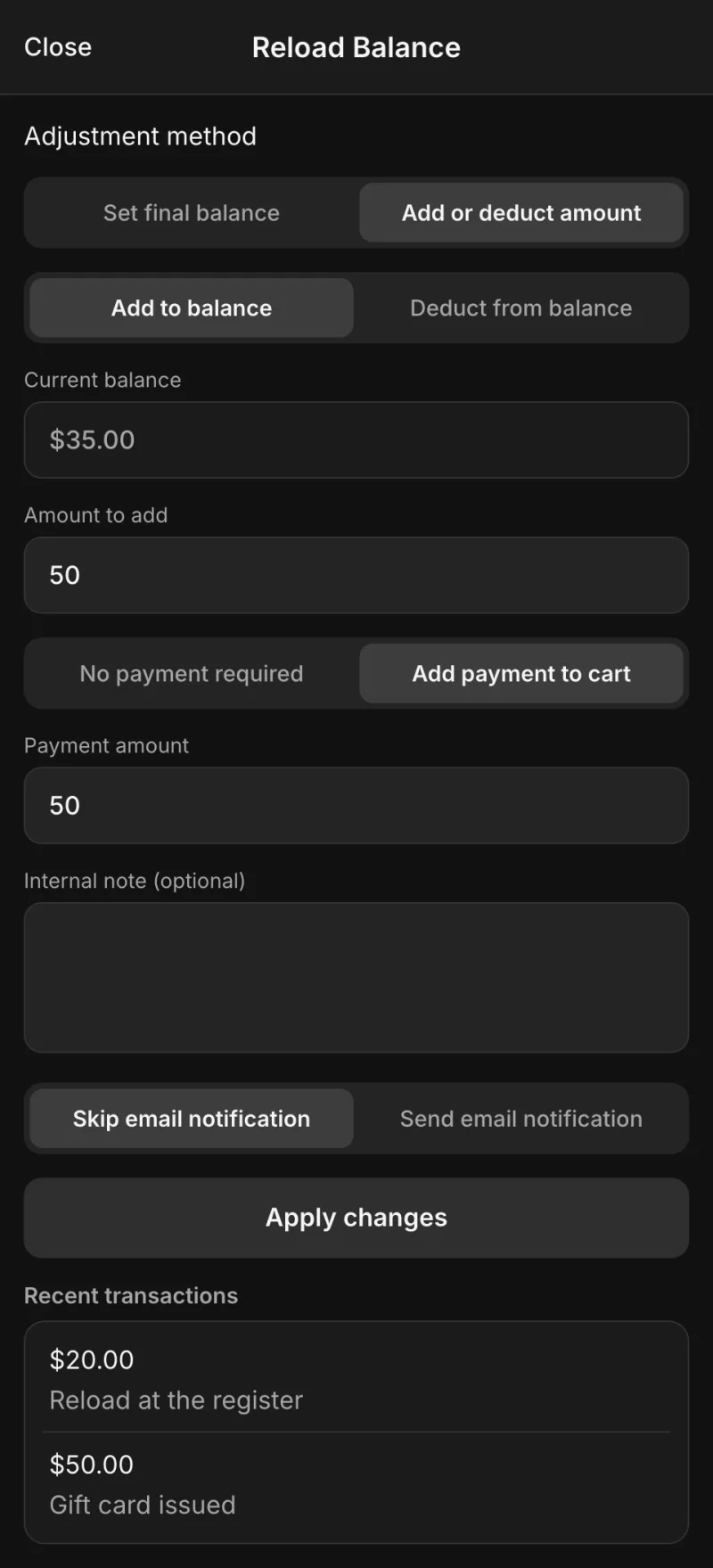 Reload Balance screen in Shopify POS: add $50 to a card with a $35 balance, with Add payment to cart selected